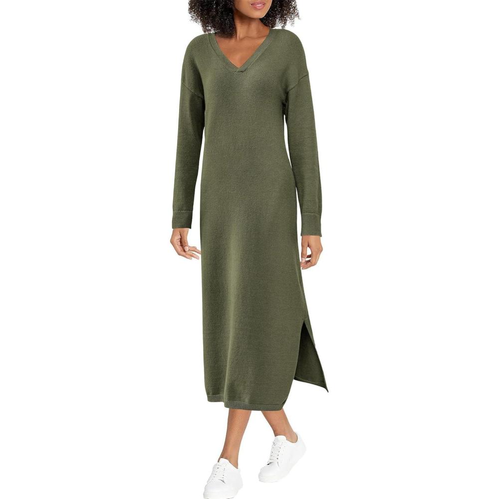imageBTFBM Womens Fall Fashion 2025 Sweater Dress Casual V Neck Long Sleeve Slit Knit Oversized Sweaters Winter Maxi DressesArmy Green