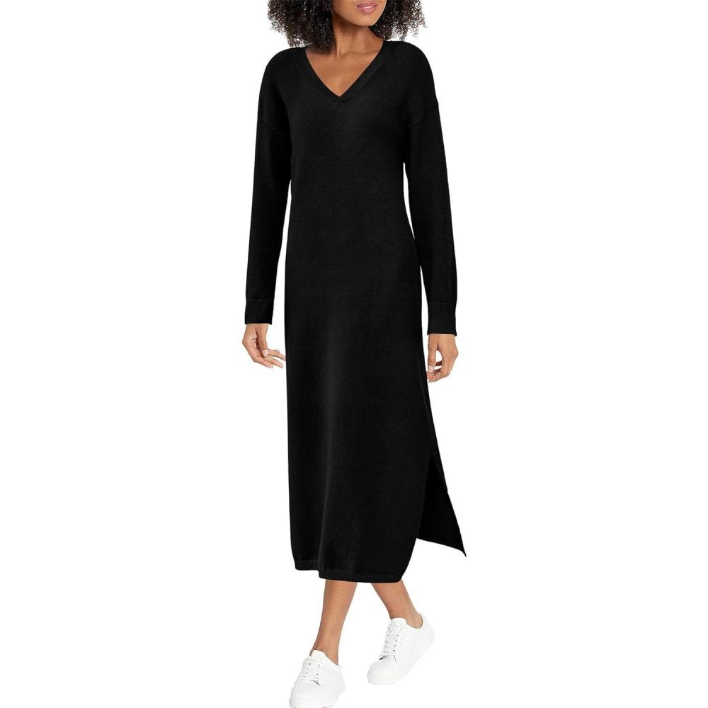 imageBTFBM Womens Fall Fashion 2025 Sweater Dress Casual V Neck Long Sleeve Slit Knit Oversized Sweaters Winter Maxi DressesBlack