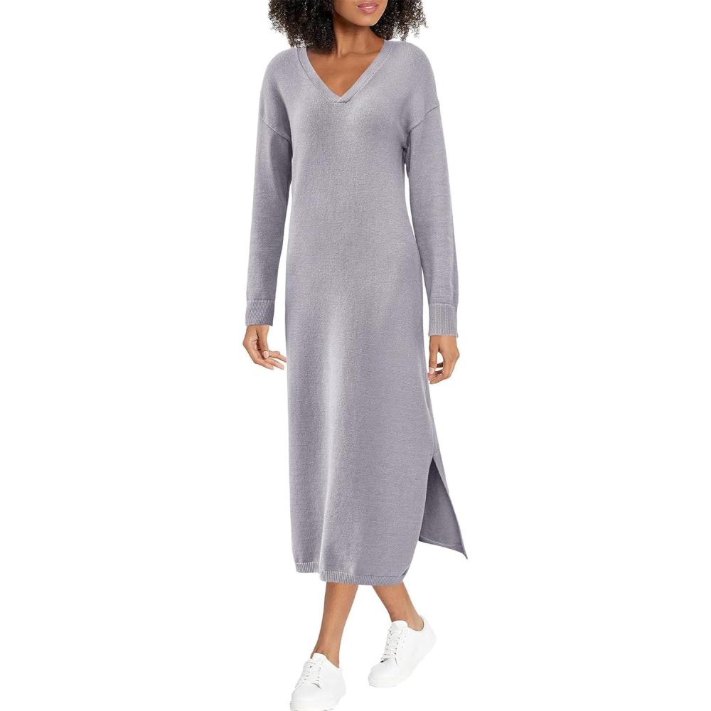 imageBTFBM Womens Fall Fashion 2025 Sweater Dress Casual V Neck Long Sleeve Slit Knit Oversized Sweaters Winter Maxi DressesGrey