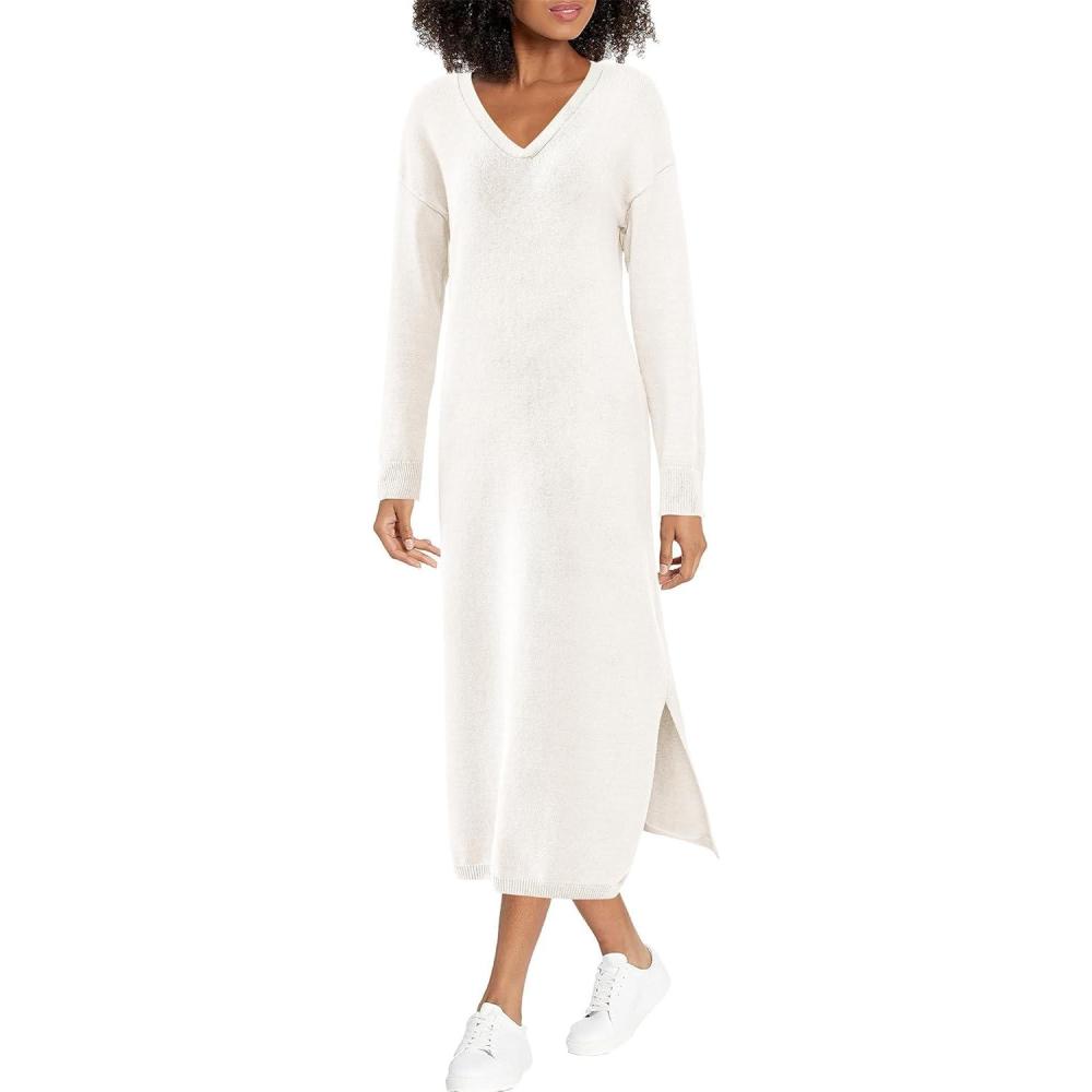 imageBTFBM Womens Fall Fashion 2025 Sweater Dress Casual V Neck Long Sleeve Slit Knit Oversized Sweaters Winter Maxi DressesWhite