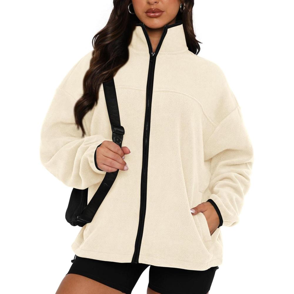 imageBTFBM Womens Fleece Jackets Fall Winter Clothes 2025 Stand Collar Outwear Jacket Zip Up Casual Fuzzy Coats PocketsApricot