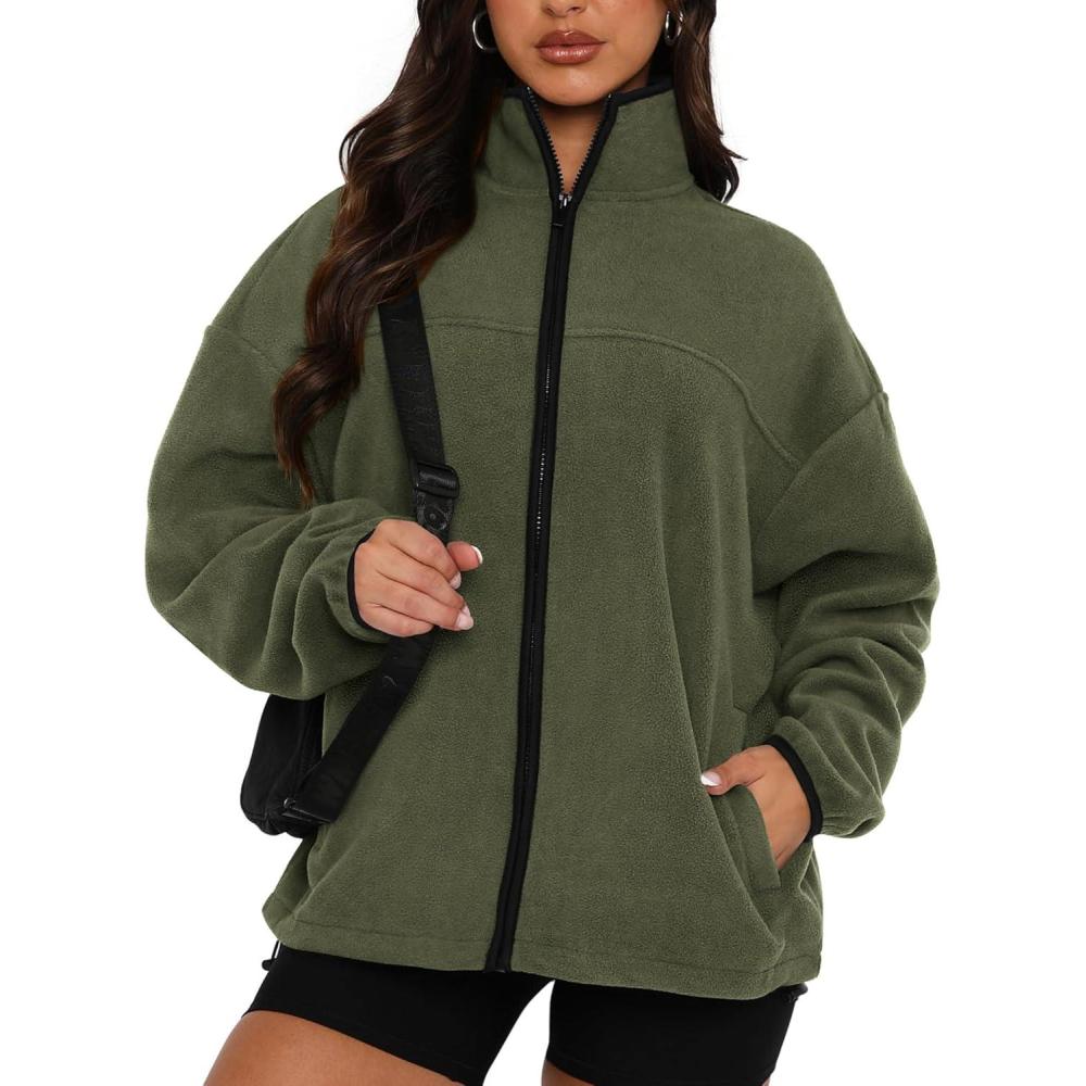 imageBTFBM Womens Fleece Jackets Fall Winter Clothes 2025 Stand Collar Outwear Jacket Zip Up Casual Fuzzy Coats PocketsArmy Green