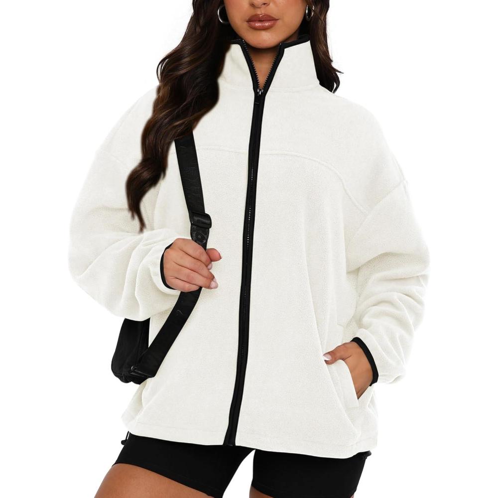 imageBTFBM Womens Fleece Jackets Fall Winter Clothes 2025 Stand Collar Outwear Jacket Zip Up Casual Fuzzy Coats PocketsBeige White