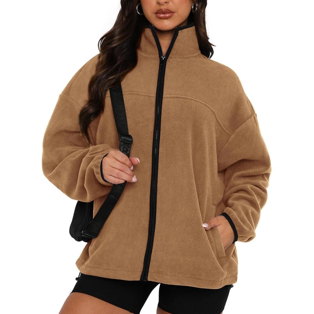 imageBTFBM Womens Fleece Jackets Fall Winter Clothes 2025 Stand Collar Outwear Jacket Zip Up Casual Fuzzy Coats PocketsKhaki
