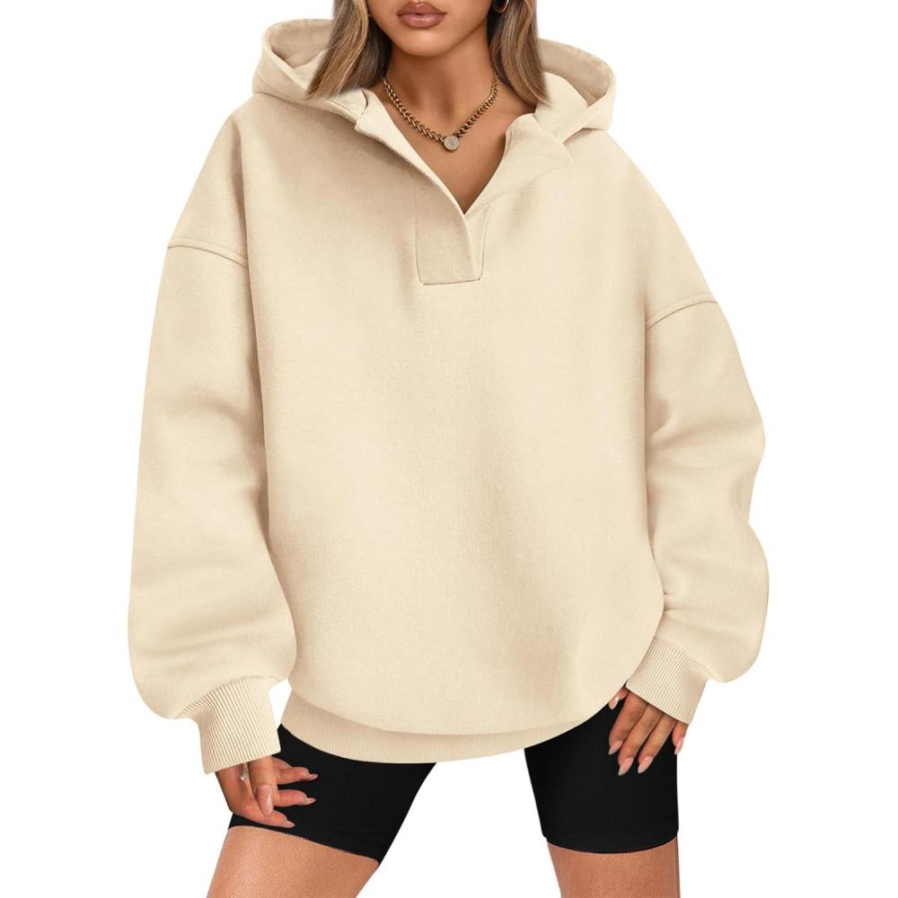 imageBTFBM Womens Oversized Hoodies Casual Fleece Long Sleeve V Neck Sweatshirts 2026 Trendy Fall Outfits Spring ClothesApricot