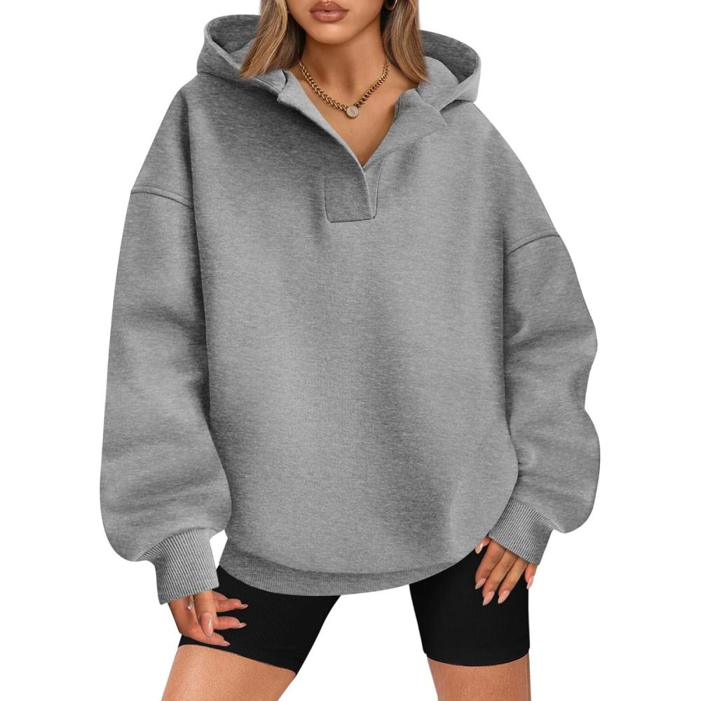 imageBTFBM Womens Oversized Hoodies Casual Fleece Long Sleeve V Neck Sweatshirts 2026 Trendy Fall Outfits Spring ClothesGrey