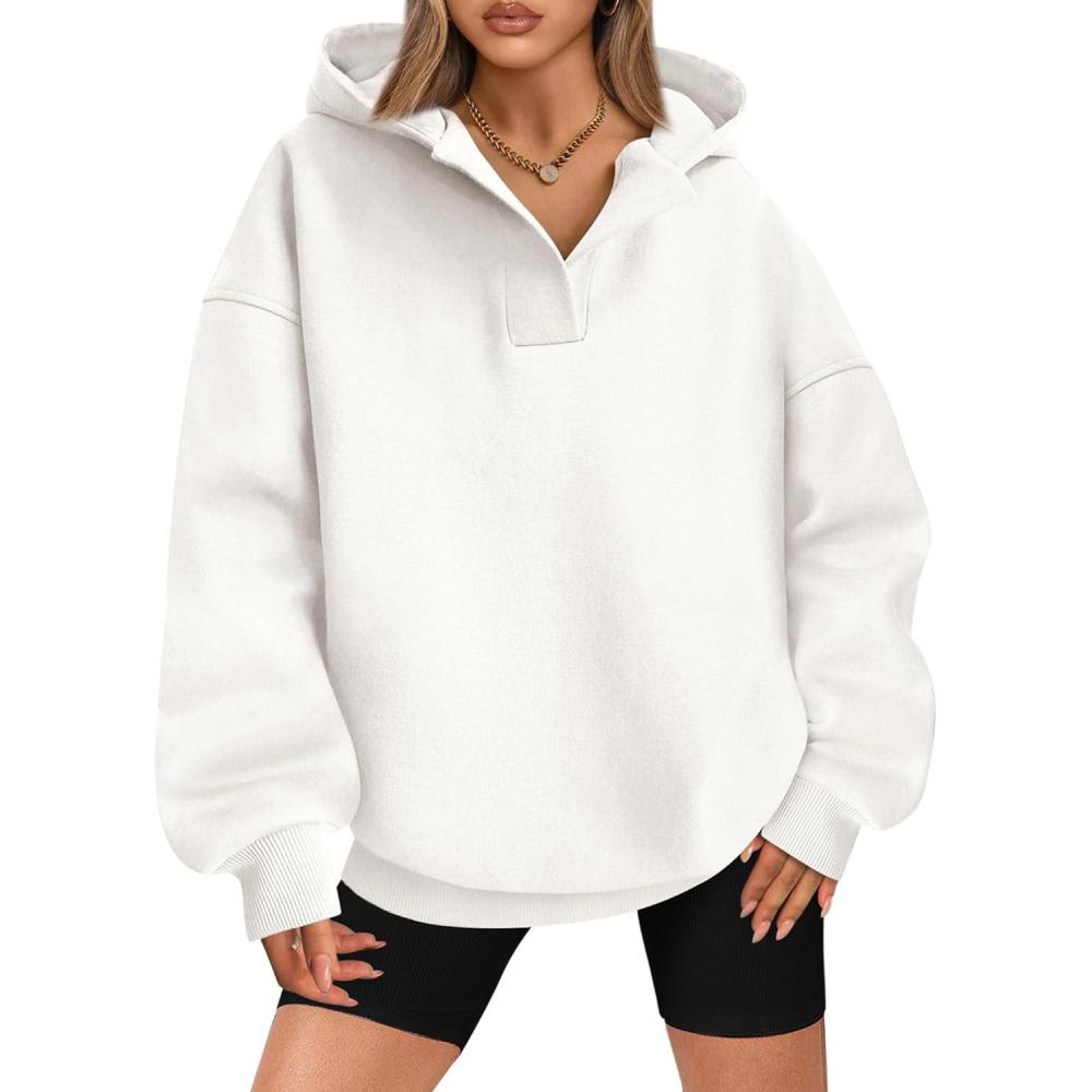 imageBTFBM Womens Oversized Hoodies Casual Fleece Long Sleeve V Neck Sweatshirts 2026 Trendy Fall Outfits Spring ClothesWhite