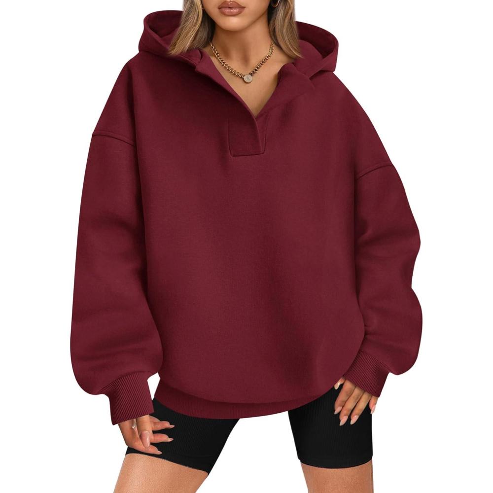 imageBTFBM Womens Oversized Hoodies Casual Fleece Long Sleeve V Neck Sweatshirts 2026 Trendy Fall Outfits Spring ClothesWine Red