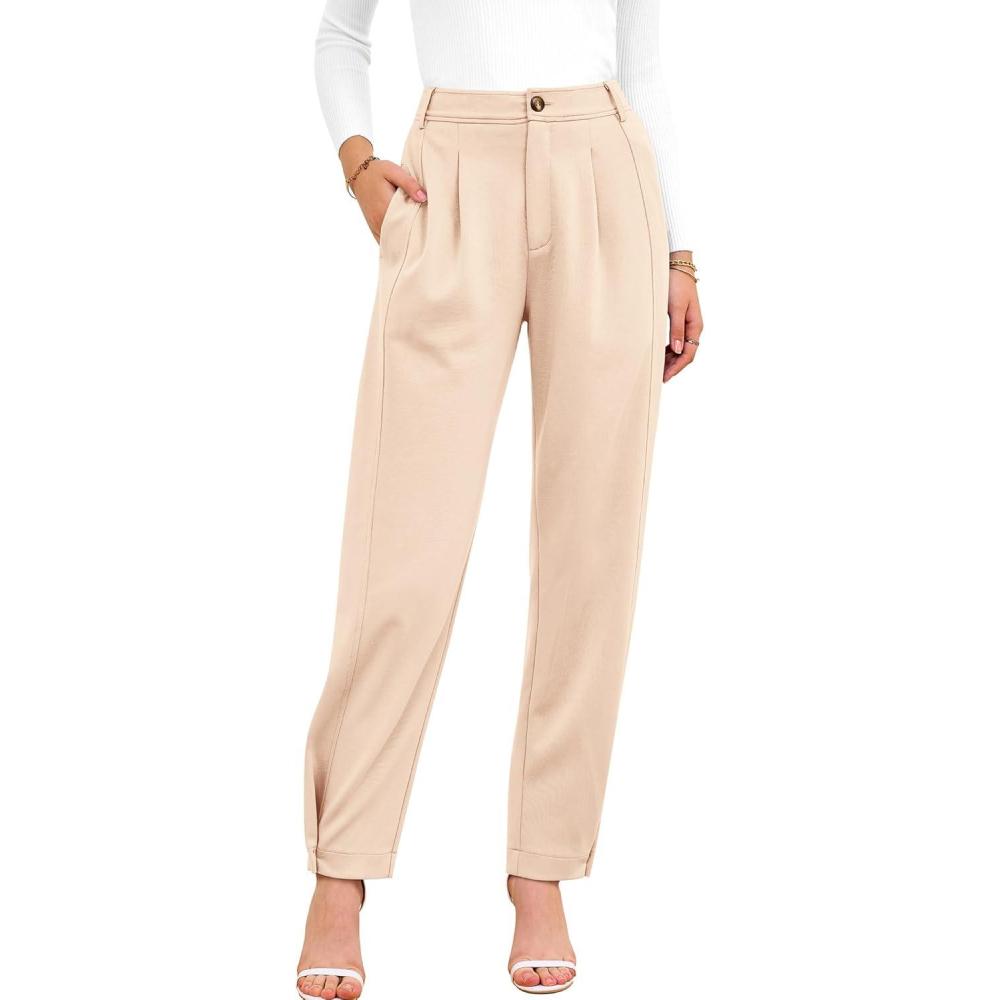 imageBTFBM Womens Pants Spring Fall 2026 Casual High Waist Trousers Tapered Slacks Pockets Dressy Business Work OutfitsCream