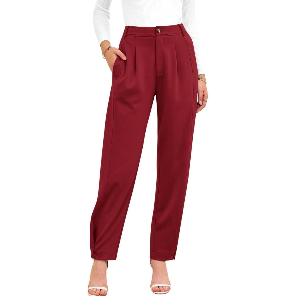 imageBTFBM Womens Pants Spring Fall 2026 Casual High Waist Trousers Tapered Slacks Pockets Dressy Business Work OutfitsWine Red