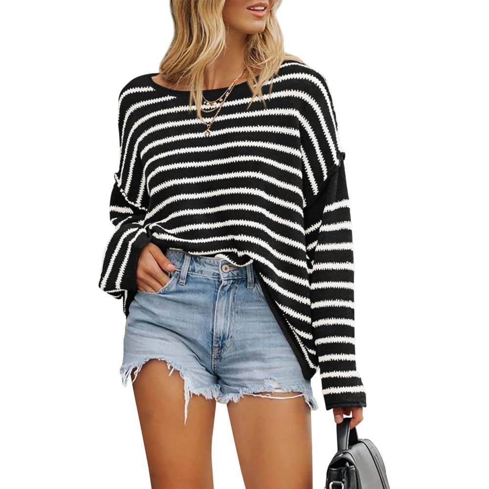 imageBTFBM Womens Striped Knit Sweaters 2026 Spring Fall Boat Neck Off Shoulder Long Sleeve Oversized Casual Pullover TopsStriped Black White