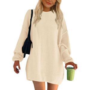 BTFBM 2025 Womens Sweaters Casual Crewneck Long Sleeve Oversized Sweater Dress Fall Winter Loose Slouchy Soft Pullover(Solid Beige)