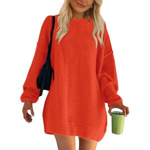 BTFBM 2025 Womens Sweaters Casual Crewneck Long Sleeve Oversized Sweater Dress Fall Winter Loose Slouchy Soft Pullover(Solid Orange)