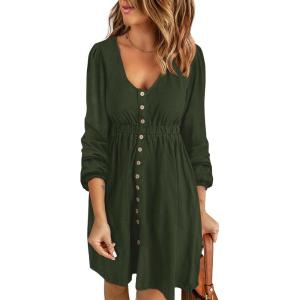 BTFBM Casual Fall Dresses for Women 2025 Long Sleeve Button Down Crew Neck Empire Waist A Line Mini Short HOCO Dress(Army Green)