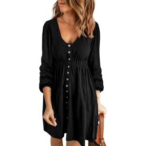 BTFBM Casual Fall Dresses for Women 2025 Long Sleeve Button Down Crew Neck Empire Waist A Line Mini Short HOCO Dress(Black)