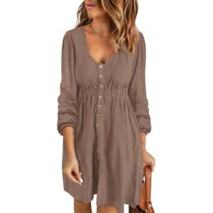 BTFBM Casual Fall Dresses for Women 2025 Long Sleeve Button Down Crew Neck Empire Waist A Line Mini Short HOCO Dress(Dark Khaki)