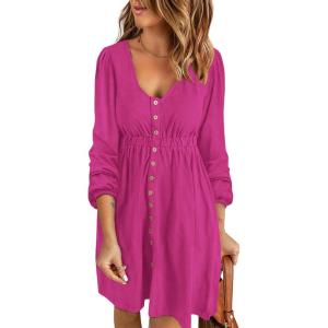 BTFBM Casual Fall Dresses for Women 2025 Long Sleeve Button Down Crew Neck Empire Waist A Line Mini Short HOCO Dress(Long Buttons Rose Red)