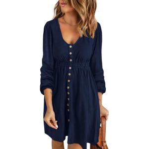 BTFBM Casual Fall Dresses for Women 2025 Long Sleeve Button Down Crew Neck Empire Waist A Line Mini Short HOCO Dress(Navy)