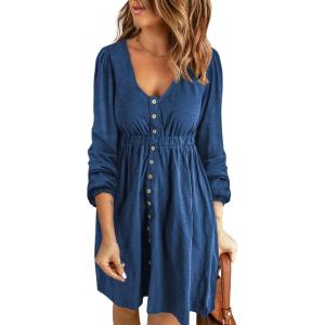 BTFBM Casual Fall Dresses for Women 2025 Long Sleeve Button Down Crew Neck Empire Waist A Line Mini Short HOCO Dress(Royal Blue)