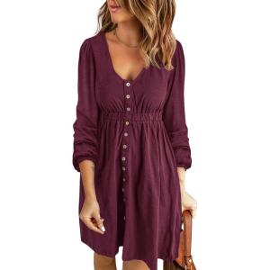 BTFBM Casual Fall Dresses for Women 2025 Long Sleeve Button Down Crew Neck Empire Waist A Line Mini Short HOCO Dress(Wine Red)