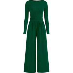 BTFBM Jumpsuits For Women One Piece Outfits Long Sleeve Stretchy Knit Wide Leg Pants Womens Jumpsuit Fall Clothes 2025(Dark Green)
