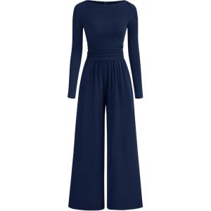 BTFBM Jumpsuits For Women One Piece Outfits Long Sleeve Stretchy Knit Wide Leg Pants Womens Jumpsuit Fall Clothes 2025(Navy)