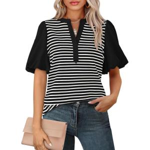 BTFBM Puff Sleeve Tops for Women Dressy Summer Vacation Outfits 2025 V Neck Casual Button Up Shirts Loose Striped Blouse(Black)
