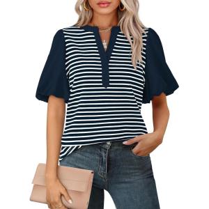 BTFBM Puff Sleeve Tops for Women Dressy Summer Vacation Outfits 2025 V Neck Casual Button Up Shirts Loose Striped Blouse(Navy)