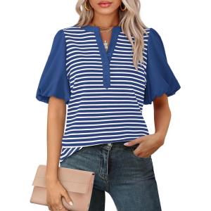 BTFBM Puff Sleeve Tops for Women Dressy Summer Vacation Outfits 2025 V Neck Casual Button Up Shirts Loose Striped Blouse(Royal Blue)