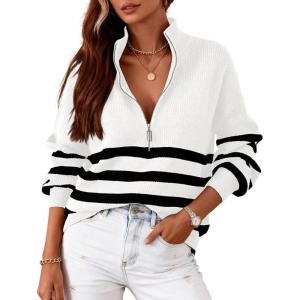 BTFBM Striped Quarter Zip Sweater Women Fall Outfits Winter Clothing V Neck Long Sleeve Knit Collared Sweaters Pullover(Striped White)