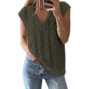 BTFBM Sweater Vest Women Oversized V Neck Cable Knit Casual Pullover Sweaters Fall Outfits 2025 Sleeveless Tops(Army Green)