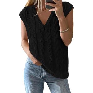 BTFBM Sweater Vest Women Oversized V Neck Cable Knit Casual Pullover Sweaters Fall Outfits 2025 Sleeveless Tops(Black)