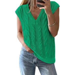 BTFBM Sweater Vest Women Oversized V Neck Cable Knit Casual Pullover Sweaters Fall Outfits 2025 Sleeveless Tops(Green)
