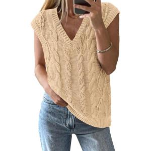 BTFBM Sweater Vest Women Oversized V Neck Cable Knit Casual Pullover Sweaters Fall Outfits 2025 Sleeveless Tops(Light Khaki)