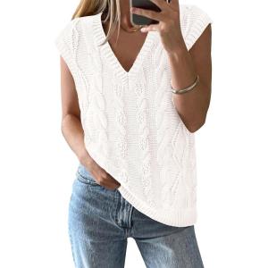 BTFBM Sweater Vest Women Oversized V Neck Cable Knit Casual Pullover Sweaters Fall Outfits 2025 Sleeveless Tops(White)