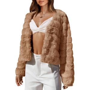 BTFBM Winter Coats For Women Faux Fur Jacket Soft Long Sleeve Fluffy Open Front Outerwear Fall Outfits 2025(Brown)
