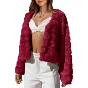 BTFBM Winter Coats For Women Faux Fur Jacket Soft Long Sleeve Fluffy Open Front Outerwear Fall Outfits 2025(Dark Red)