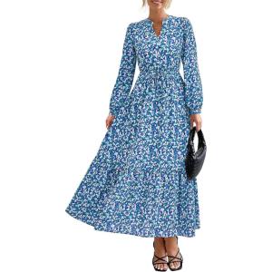 BTFBM Women Boho Maxi Dress Fall Fashion 2025 Floral Long Sleeve V Neck Button Pockets Flowy Vacation Wedding Dresses(Blue)