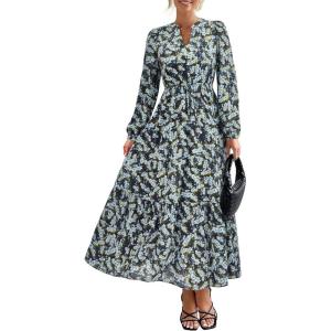 BTFBM Women Boho Maxi Dress Fall Fashion 2025 Floral Long Sleeve V Neck Button Pockets Flowy Vacation Wedding Dresses(Floral Blue Yellow)