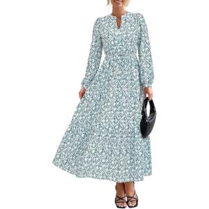 BTFBM Women Boho Maxi Dress Fall Fashion 2025 Floral Long Sleeve V Neck Button Pockets Flowy Vacation Wedding Dresses(Floral White Green)