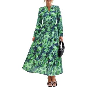 BTFBM Women Boho Maxi Dress Fall Fashion 2025 Floral Long Sleeve V Neck Button Pockets Flowy Vacation Wedding Dresses(Green)