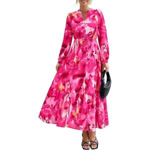 BTFBM Women Boho Maxi Dress Fall Fashion 2025 Floral Long Sleeve V Neck Button Pockets Flowy Vacation Wedding Dresses(Watercolour Rose Pink)