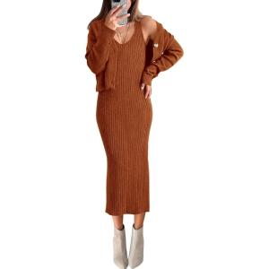 BTFBM Women Fall Knit Sweater Dress Set Bodycon Slit Midi Dresses Button Down Long Sleeve Cropped Cardigan 2 Piece Sets(Caramel)