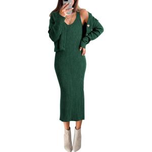 BTFBM Women Fall Knit Sweater Dress Set Bodycon Slit Midi Dresses Button Down Long Sleeve Cropped Cardigan 2 Piece Sets(Dark Green)