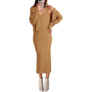 BTFBM Women Fall Knit Sweater Dress Set Bodycon Slit Midi Dresses Button Down Long Sleeve Cropped Cardigan 2 Piece Sets(Khaki)