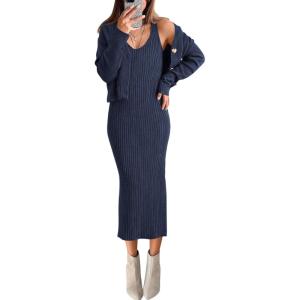 BTFBM Women Fall Knit Sweater Dress Set Bodycon Slit Midi Dresses Button Down Long Sleeve Cropped Cardigan 2 Piece Sets(Navy)