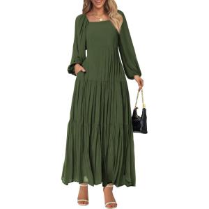 BTFBM Women Formal Dress Spring Square Neck Puff Long Sleeve Smocked Tiered Flowy Wedding Guest Maxi Dresses Pockets(Army Green)