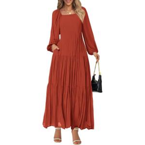 BTFBM Women Formal Dress Spring Square Neck Puff Long Sleeve Smocked Tiered Flowy Wedding Guest Maxi Dresses Pockets(Brick Red)