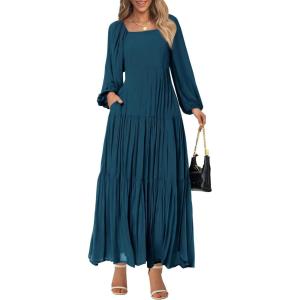 BTFBM Women Formal Dress Spring Square Neck Puff Long Sleeve Smocked Tiered Flowy Wedding Guest Maxi Dresses Pockets(Dark Blue)