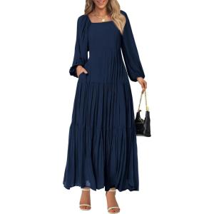 BTFBM Women Formal Dress Spring Square Neck Puff Long Sleeve Smocked Tiered Flowy Wedding Guest Maxi Dresses Pockets(Navy)